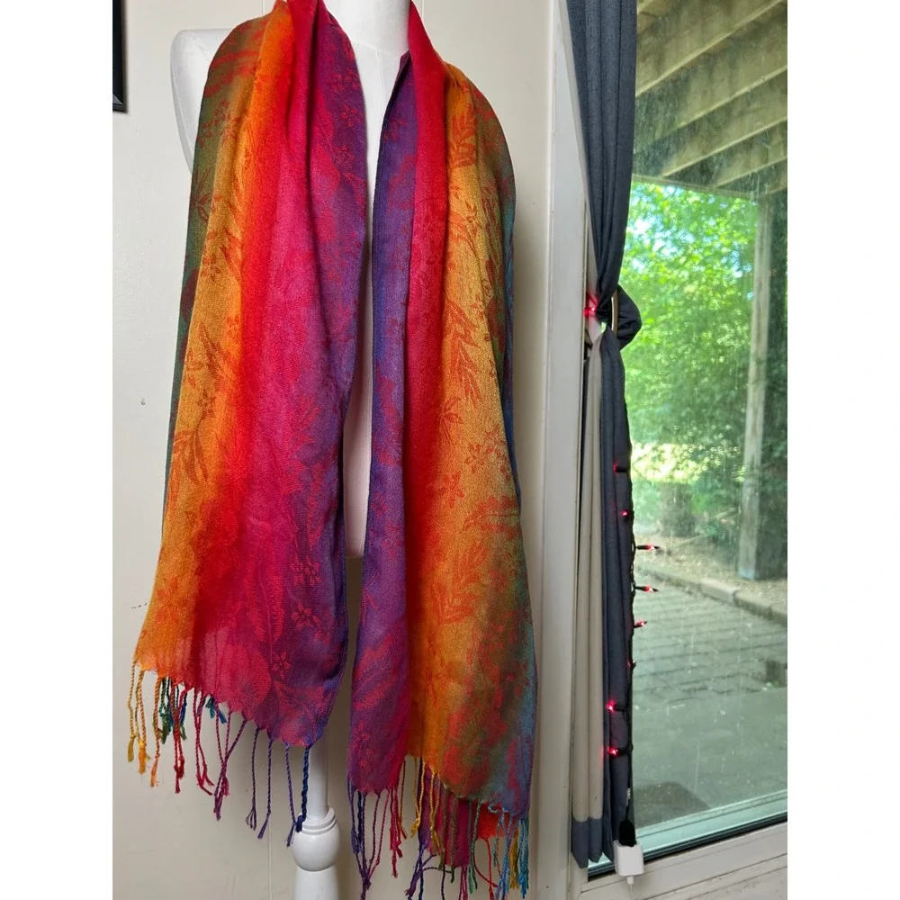 Rainbow Floral Jacquard Shawl Vibrant Fringe Wrap Scarf Festival Hippie Boho‎
